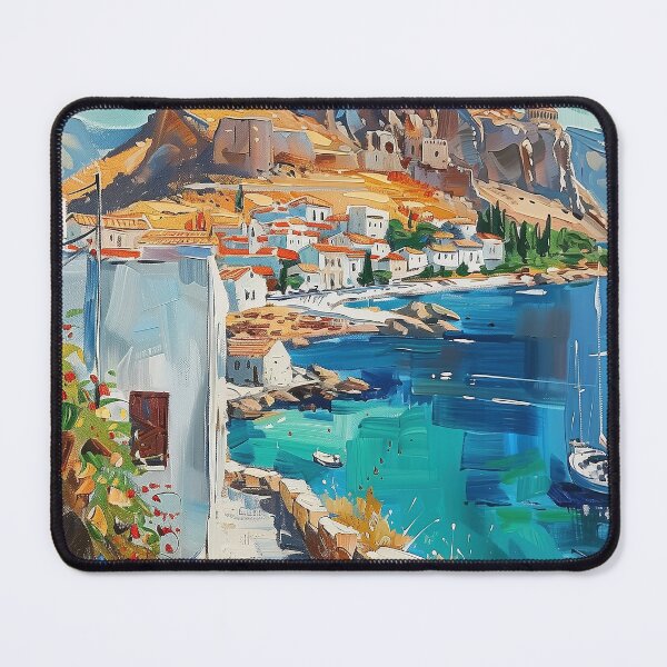 Item preview, Lindos Seaside Elegance: Vibrant Harbor View designed and sold by smartart42.