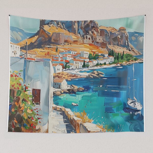 Item preview, Lindos Seaside Elegance: Vibrant Harbor View designed and sold by smartart42.