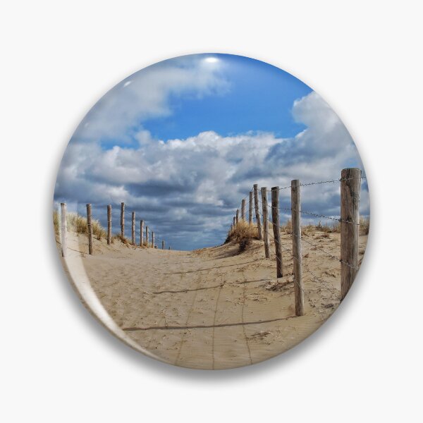 Item preview, Scenic Dune Path: Wooden Poles and Barbwire Against Blue Sky and Clouds designed and sold by InbalTurShalom.