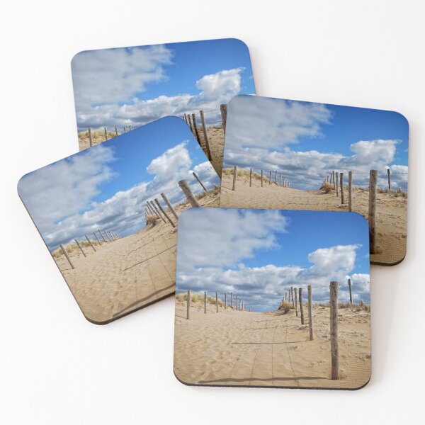 Item preview, Scenic Dune Path: Wooden Poles and Barbwire Against Blue Sky and Clouds designed and sold by InbalTurShalom.