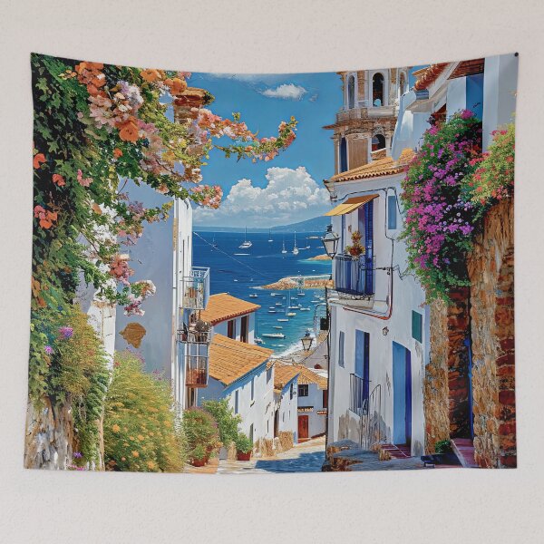 Item preview, Quaint village where the cobalt sea meets a cascade of florals designed and sold by iguananick.