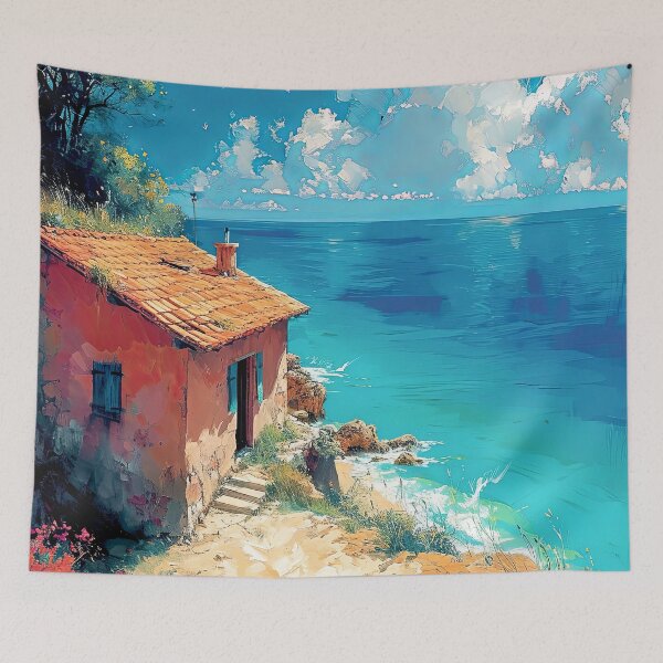 Item preview, Secluded coastal cottage overlooks the serene azure sea designed and sold by iguananick.