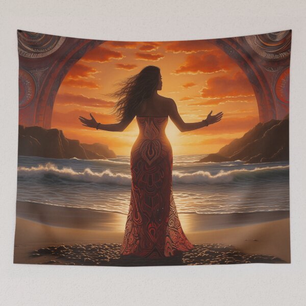 Item preview, Beautiful Māori wahine on beach with Māori designs in the sky. designed and sold by ArtbyJanineTate.