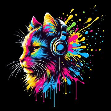 Artwork thumbnail, Vibrant Rhythms: Neon Feline with Headphones by nncreator