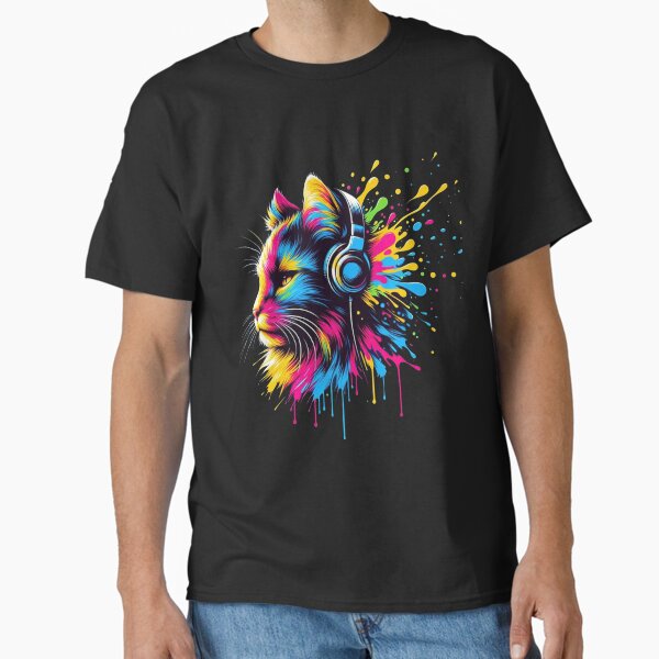 Vibrant Rhythms: Neon Feline with Headphones Classic T-Shirt