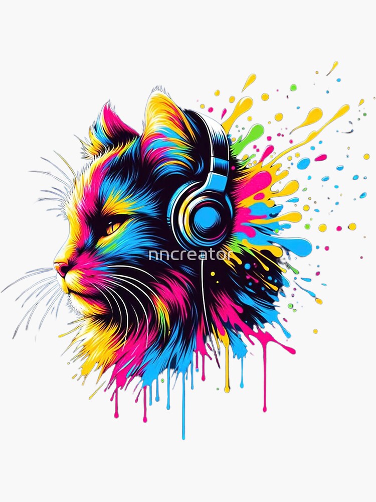 Thumbnail 3 of 3, Sticker, Vibrant Rhythms: Neon Feline with Headphones designed and sold by nncreator.