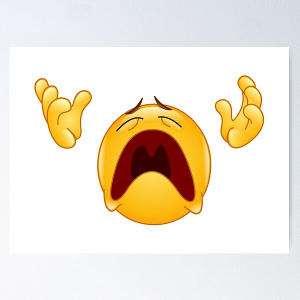 smiley emoji with hands in the air and an agony face