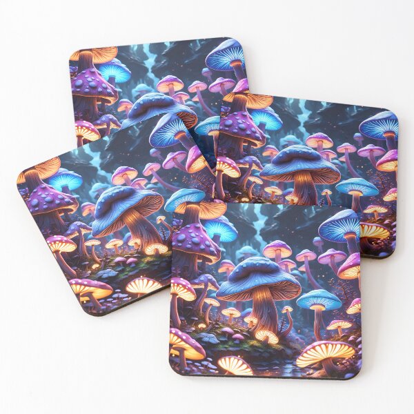 Item preview, Blue and Violet Luminous Neon Mushrooms Glowing designed and sold by MoriFantasy.