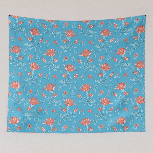 Item preview, traditional English roses with leaves and thorns on sky blue designed and sold by colorofmagic.
