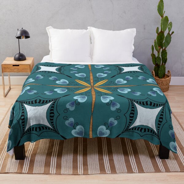 Item preview, Mustard and blue seamless tile pattern on teal designed and sold by coloryourwings.