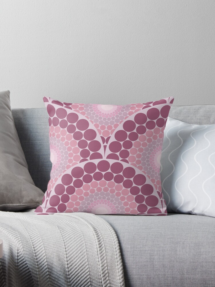 Pillow, Radiant Dusky Rose Dot Mandala Scallop designed and sold by Triplicate Limited