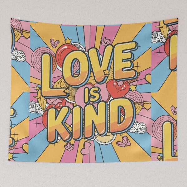 Item preview, Retro Pop Art "Love is Kind" Typography Illustration - Vibrant Surreal Design designed and sold by HahaHandlesHub.