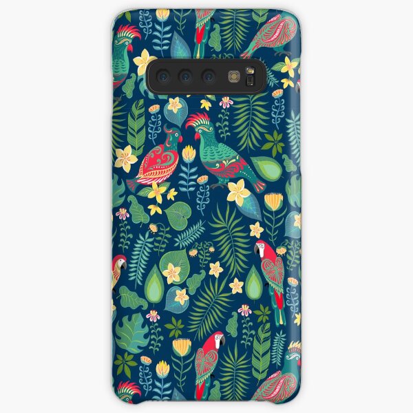Bright parrots with ornament on the background of tropical flowers and leaves. Samsung Galaxy Snap Case