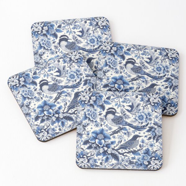 Aperçu de l'œuvre Un carré à motifs floraux bleu et blanc avec des oiseaux et des fleurs créée et vendue par justbejoker.