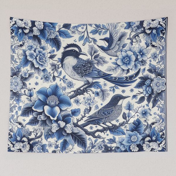 Item preview, A blue and white floral patterned square with birds and flowers designed and sold by justbejoker.