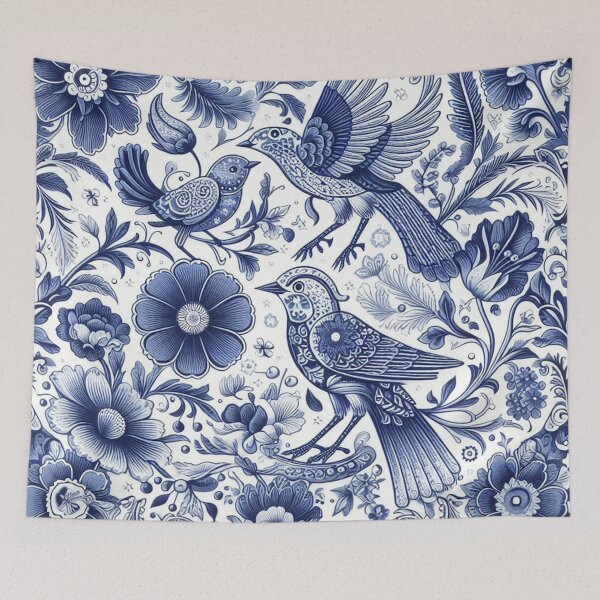 Item preview, A blue and white floral patterned square with birds and flowers designed and sold by justbejoker.
