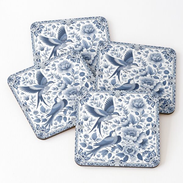 Aperçu de l'œuvre Un carré à motifs floraux bleu et blanc avec des oiseaux et des fleurs créée et vendue par justbejoker.