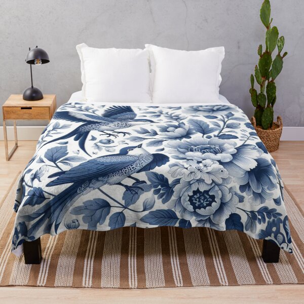Item preview, A blue and white floral patterned square with birds and flowers designed and sold by justbejoker.
