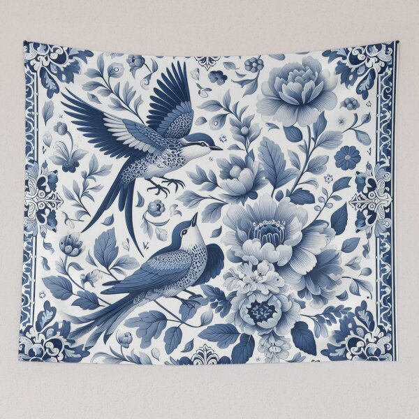 Item preview, A blue and white floral patterned square with birds and flowers designed and sold by justbejoker.