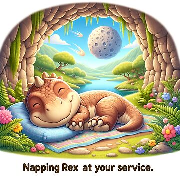 Artwork thumbnail, Cozy Nap: Cartoon-style Scene with Cute Chubby T-Rex by Mugs and Shirts