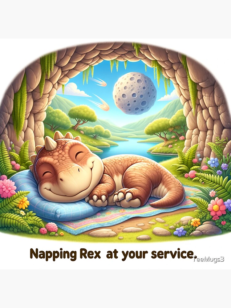 Thumbnail 3 of 3, Sticker, Cozy Nap: Cartoon-style Scene with Cute Chubby T-Rex designed and sold by TeeMugs3.