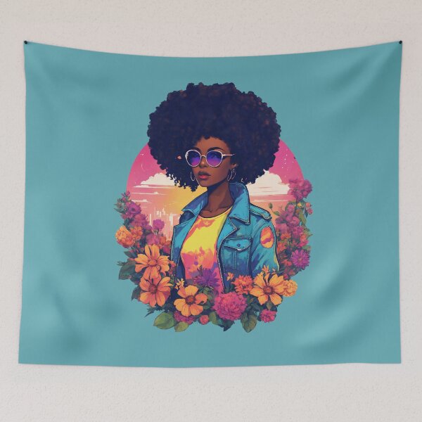 Item preview, retro illustration of an afro woman surrounded by flowers designed and sold by Cosmicreations1.
