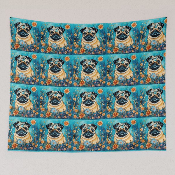 Item preview, A pug dog among mysterious flowers. designed and sold by Natalia-Vlad.