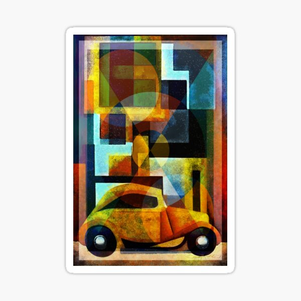 Retro Cubist Yellow Car Abstract Art with Bold Geometric Shapes Sticker
