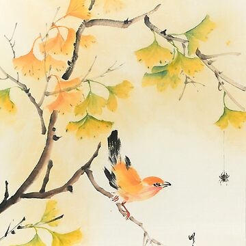Artwork thumbnail, Bird under the Ginkgo Tree - Traditional Chinese Ink Painting by mingjan