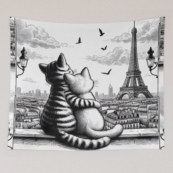 Item preview, Two cuddling cats are watching the Eiffel tower in Paris, drawing designed and sold by Coolparrotgirl.