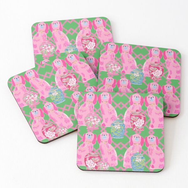 Artikelvorschau, Staffordshire-Hunde und Chinoiserie-Gläser in Rosa und Grün entworfen und verkauft von SophieClimaArt.