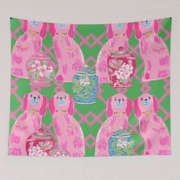 Artikelvorschau, Staffordshire-Hunde und Chinoiserie-Gläser in Rosa und Grün entworfen und verkauft von SophieClimaArt.
