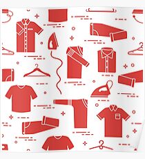 Pattern with irons, hangers and different clothes. Poster