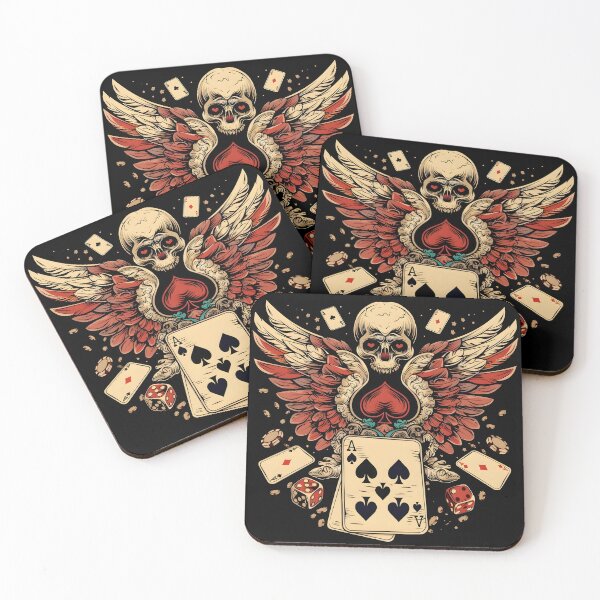 Item preview, winged skull with dice and cards designed and sold by dcrc.