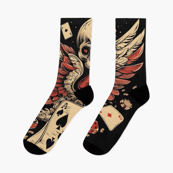 Item preview, winged skull with dice and cards designed and sold by dcrc.