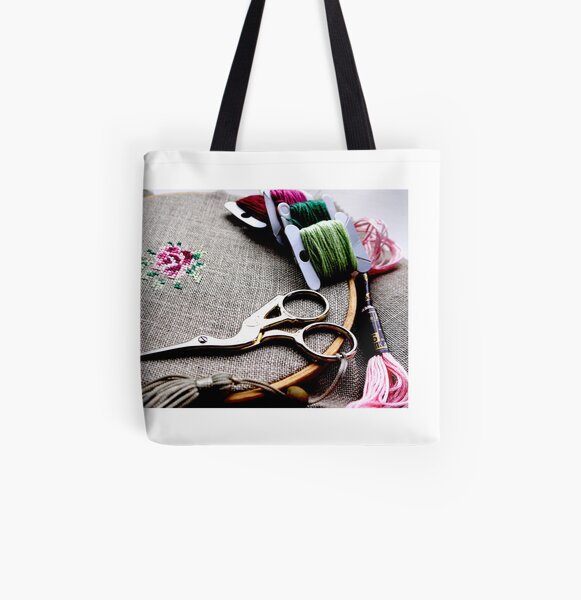 Cross stitch rose on embroidery hoop All Over Print Tote Bag