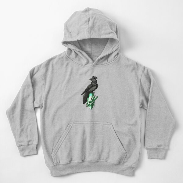 Raven King with a crown and sitting on a cluster of green crystals. Kids Pullover Hoodie