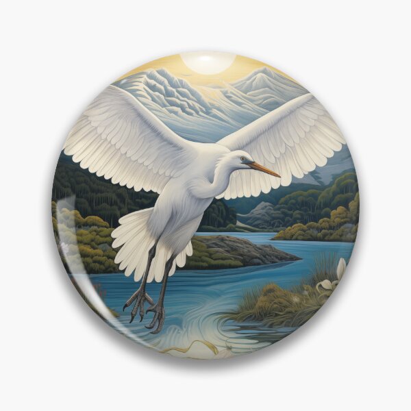 Item preview, New Zealand white heron (kotuku) flying under mountains and full moon. designed and sold by ArtbyJanineTate.