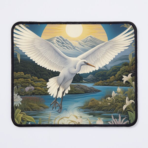 Item preview, New Zealand white heron (kotuku) flying under mountains and full moon. designed and sold by ArtbyJanineTate.