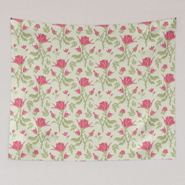 Item preview, red English roses with leaves and thorns on light green designed and sold by colorofmagic.