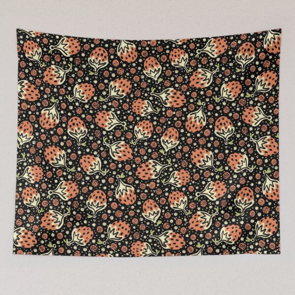 Item preview, Wild Strawberry Field , Woodcut Style Fruit Pattern Illustration Red on Black  designed and sold by Limolida.