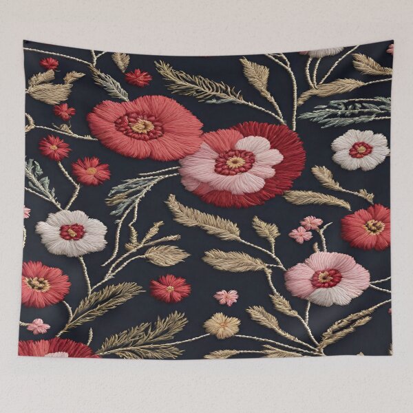 Item preview, Flowers embroidery. Close-up of fabric. Bright flowers on a black background designed and sold by Erik Visnievskij.