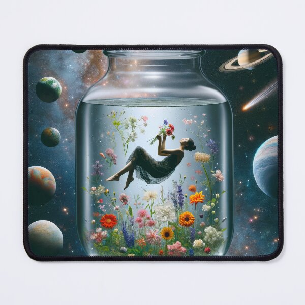 Item preview, Woman floating in a vase filled with water and flowers, in outer space among planets and stars designed and sold by AndreaMart.