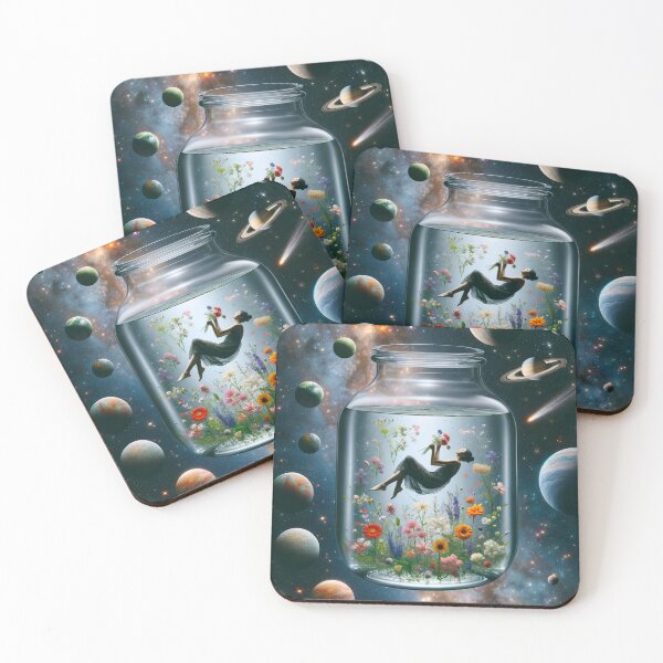 Item preview, Woman floating in a vase filled with water and flowers, in outer space among planets and stars designed and sold by AndreaMart.