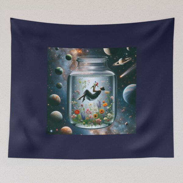 Item preview, Woman floating in a vase filled with water and flowers, in outer space among planets and stars designed and sold by AndreaMart.