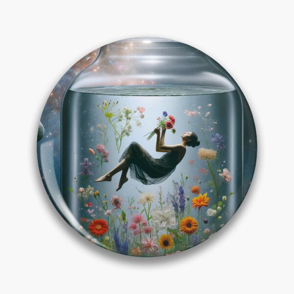 Item preview, Woman floating in a vase filled with water and flowers, in outer space among planets and stars designed and sold by AndreaMart.