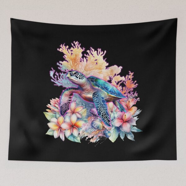 Item preview, Floating Turtle Seaweed Flowers Watercolor Pink Blue. designed and sold by ProDesignByMK.