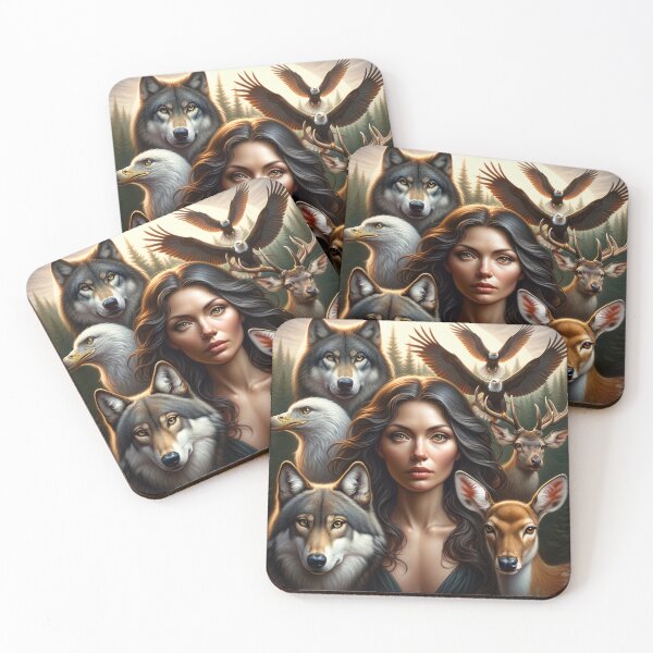 Item preview, Woman surrounded by her animal counterparts, such as wolves, eagles, and deer, who share her features and expressions designed and sold by AndreaMart.