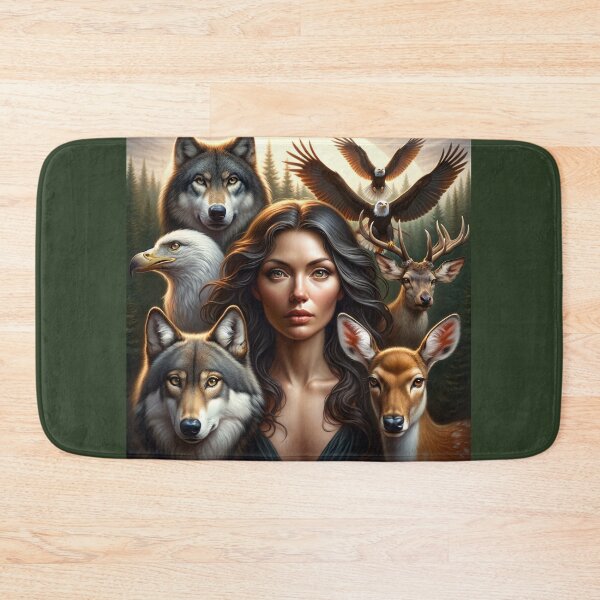 Item preview, Woman surrounded by her animal counterparts, such as wolves, eagles, and deer, who share her features and expressions designed and sold by AndreaMart.