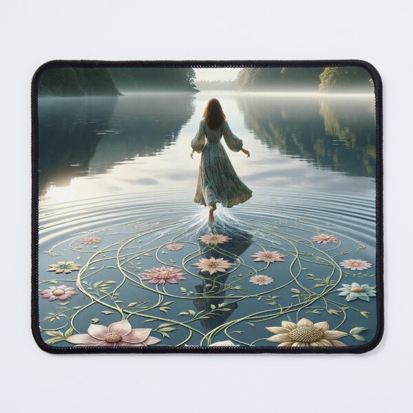 Item preview, Woman walking on the surface of a lake, with her steps leaving floral patterns on the water designed and sold by AndreaMart.